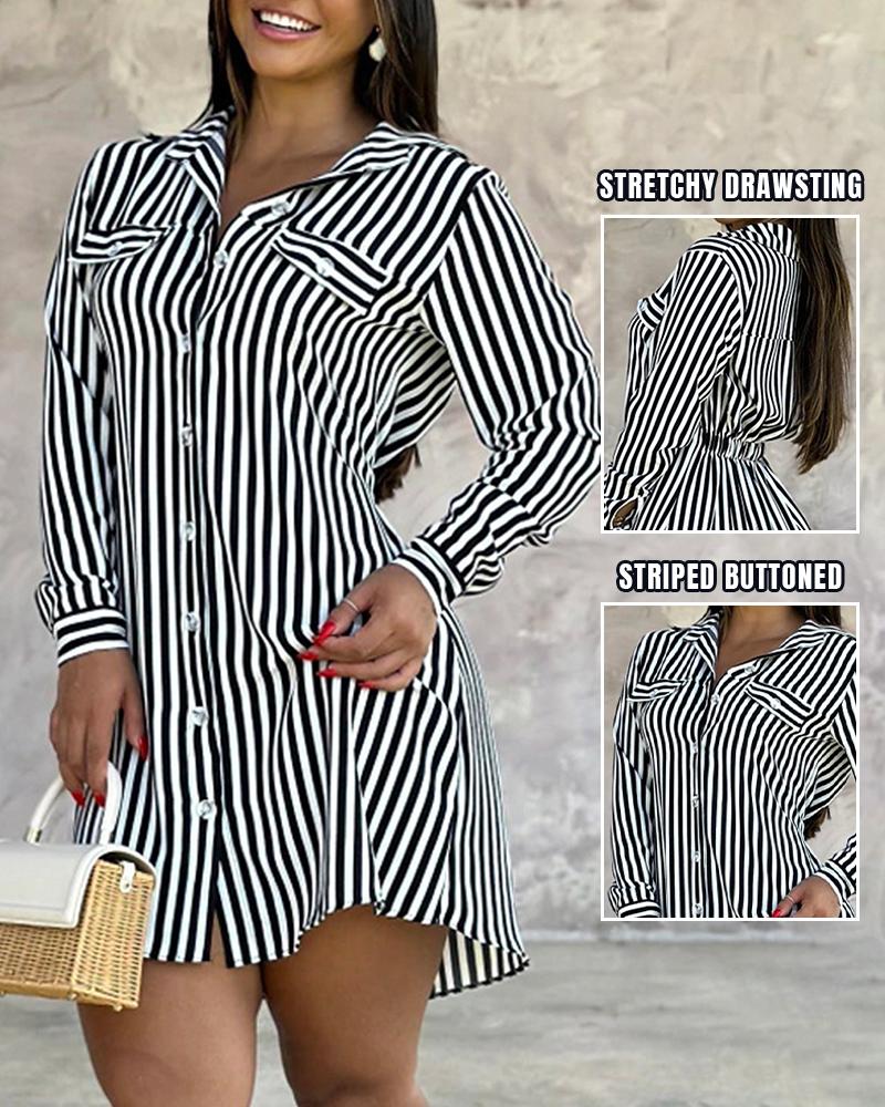 

Striped Buttoned Long Sleeve Shirt Dress, Black