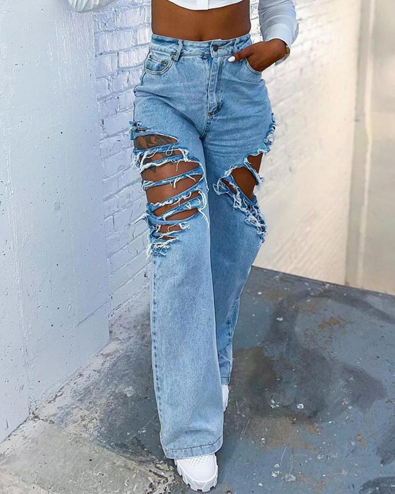 

Zipper Fly High Waist Straight Leg Ripped Jeans, Blue