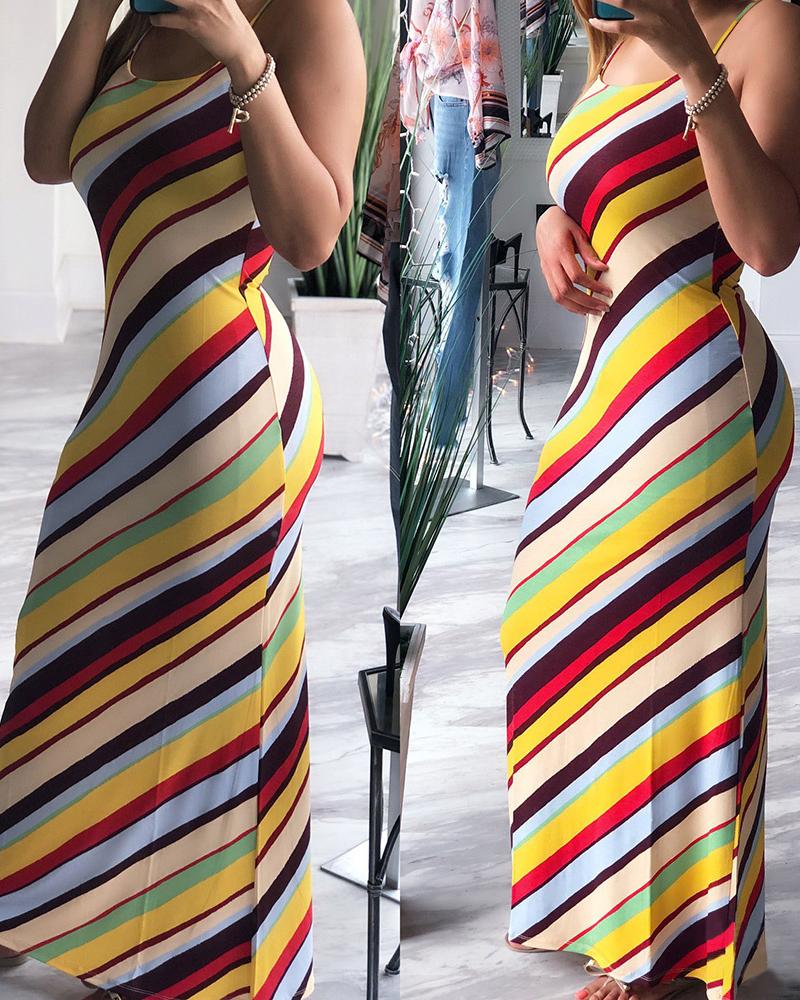 

Striped Colorblock U-Neck Spaghetti Strap Maxi Dress, Multicolor