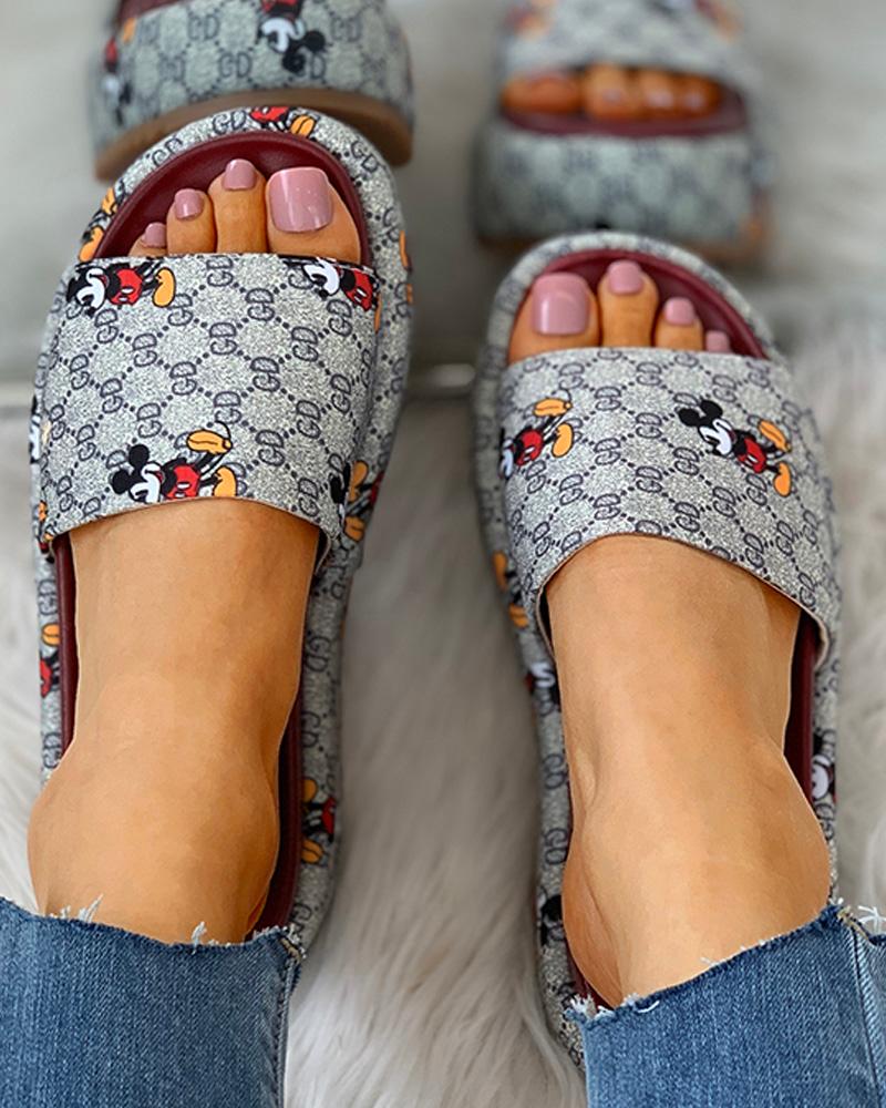 

Cartoon Letter Pattern Peep Toe Flatform Sandals, Gray