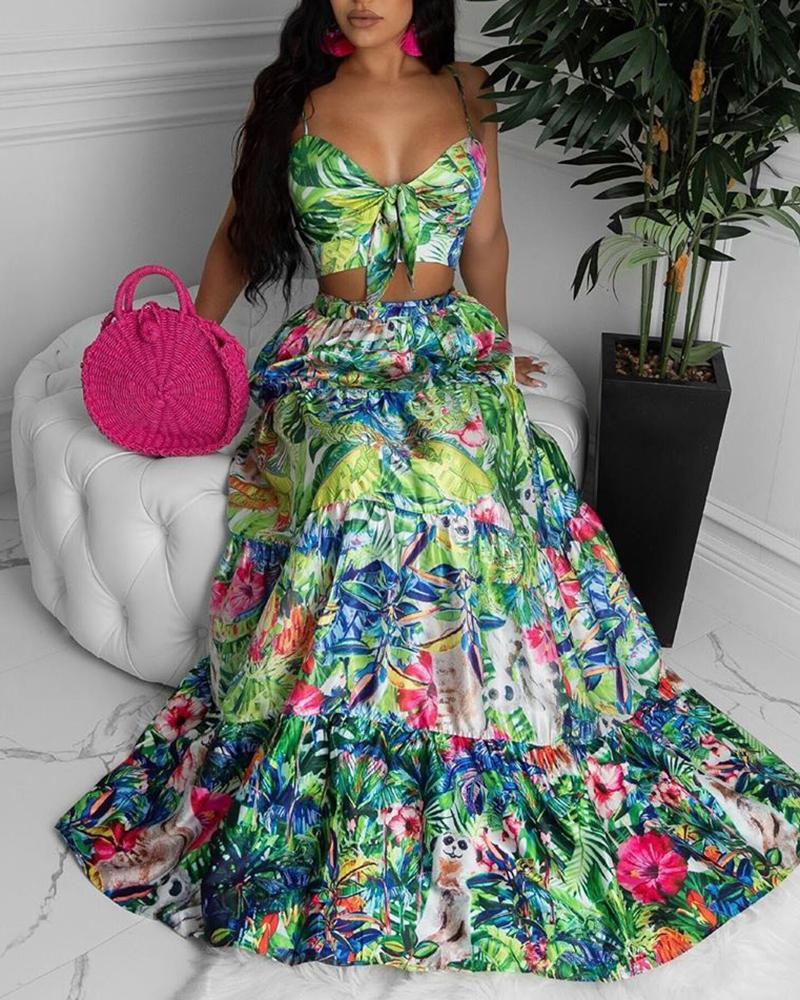 

Floral Print Knot Front Design Maxi Dress, Green