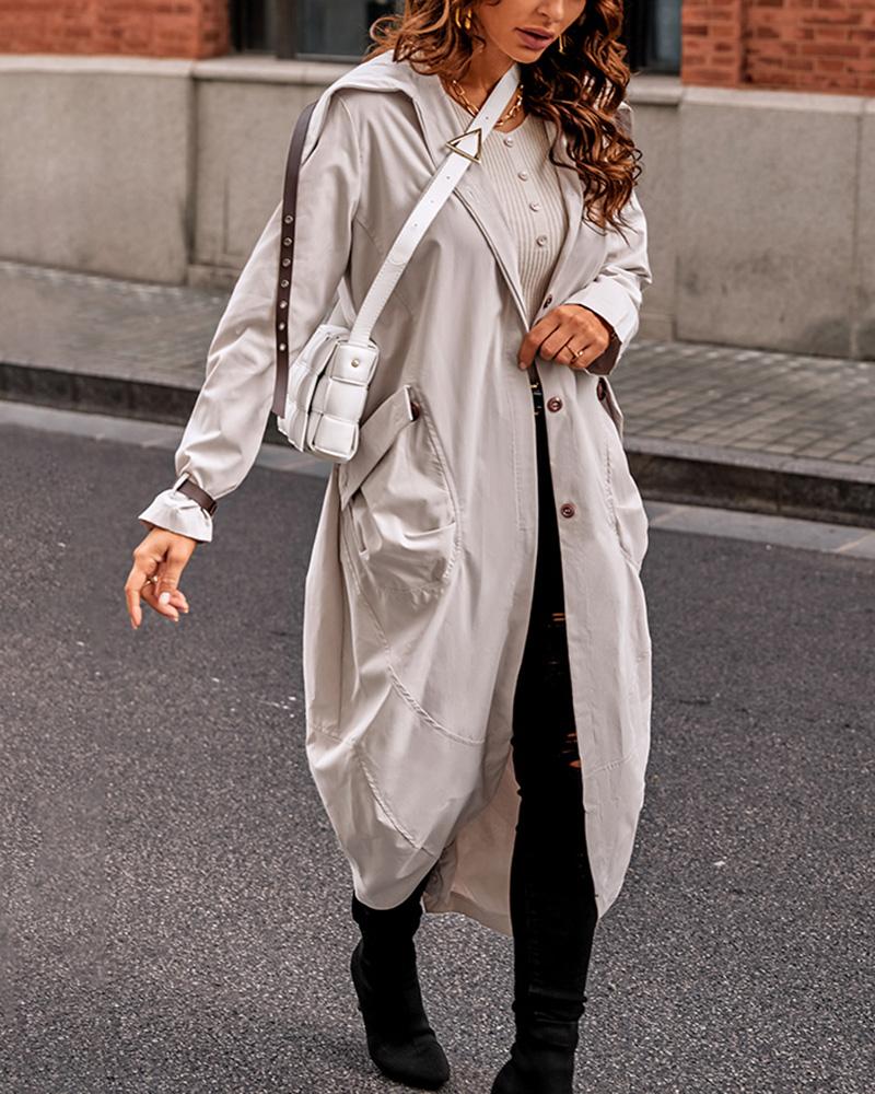 

Single Breasted Pocket Design Belted Hem Trench Coat, Gray