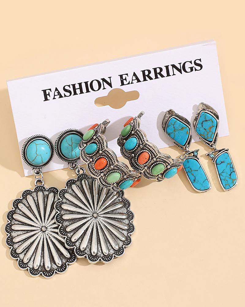 

3Pair Bohemian National Style Turquoise Hoop Drop Earrings Set, Blue