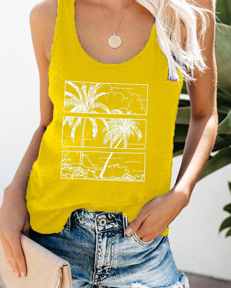 

Coconut Tree Letter Print Graphic Tee Scoop Neck Summer Beach Vest Tank Top, Yellow