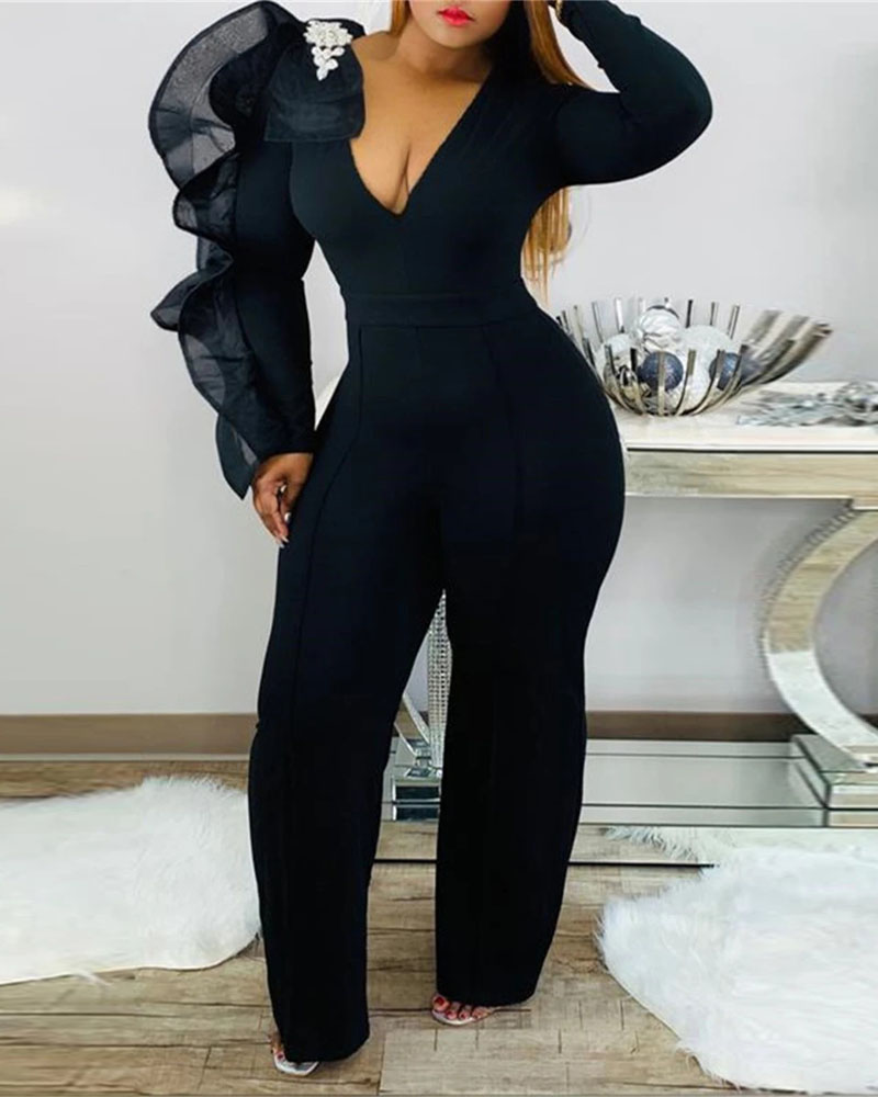 

Plus Size Long Sleeve Ruffle Hem Jumpsuit, Black