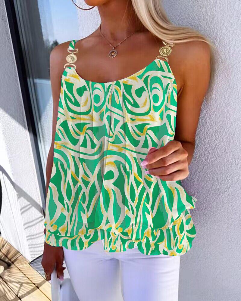 

Abstract Print Ruffles Metal Decor Tank Top, Green