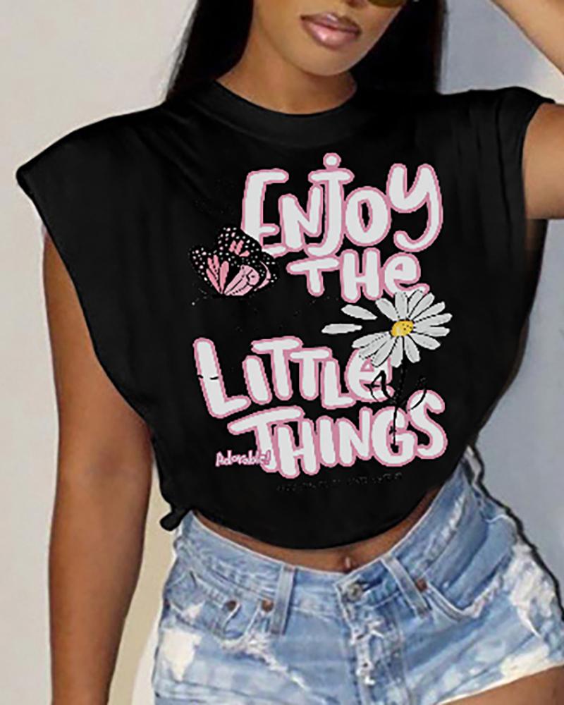 

Butterfly Letter Print Cap Sleeve T-shirt, Black