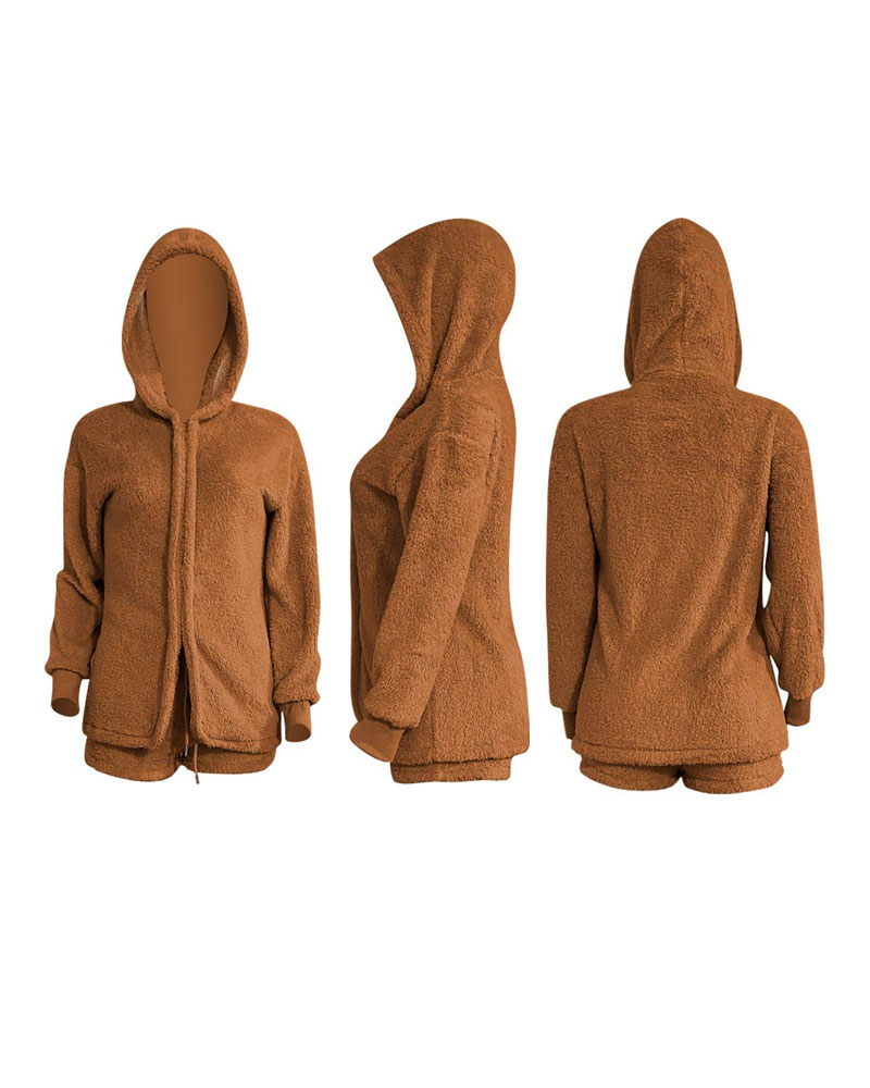 

Long Sleeve Hooded Fluffy Lounge Pajamas Set, Brown