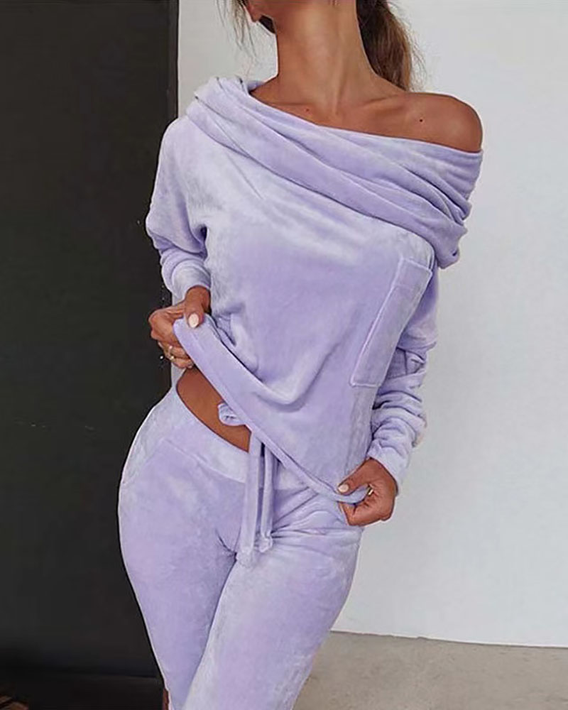 

Off Shoulder Velvet Drawstring Top & Pants Set, Purple