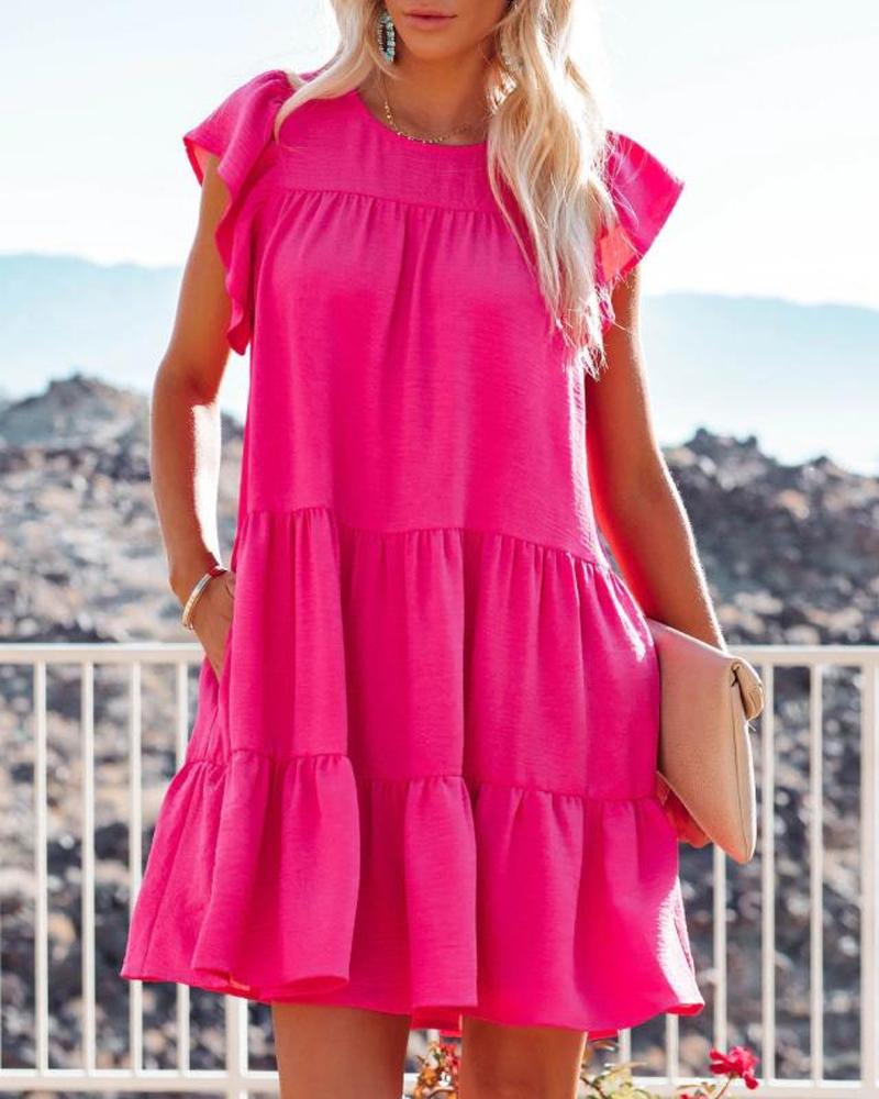 

Flutter Sleeve Ruffle Hem Flowy Swing Dress, Hot pink
