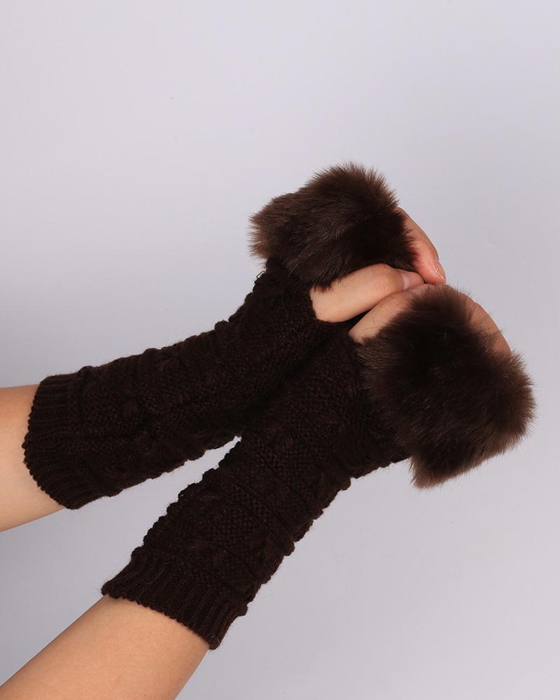 

1Pair Fuzzy Trim Bowknot Textured Knit Fingerless Gloves, Coffee
