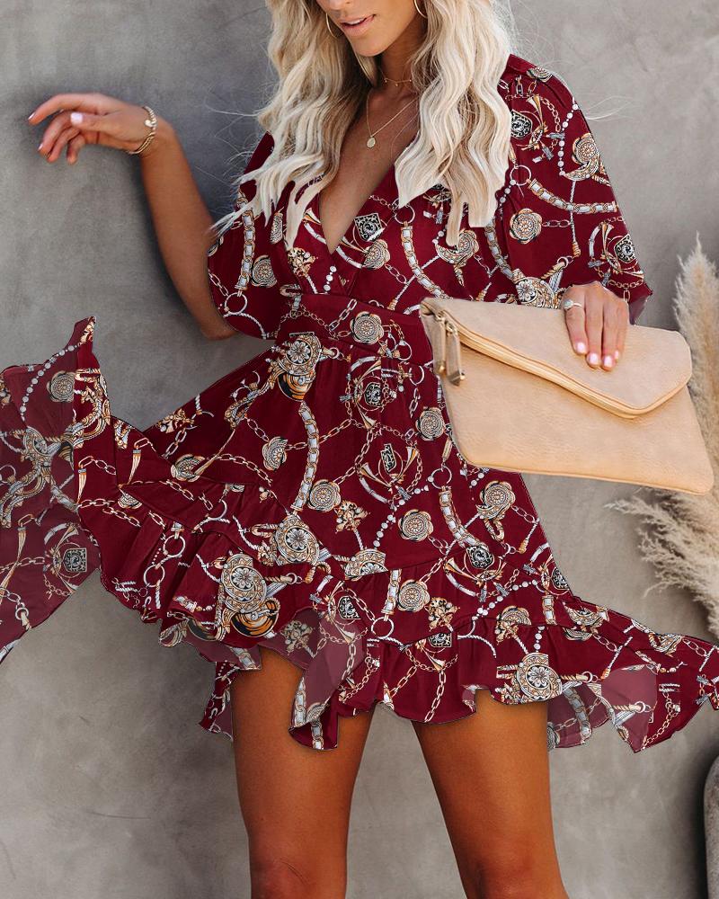 

Chain Baroque Print Tie Back Ruffle Hem Casual Dress, Wine red