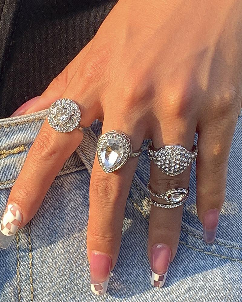 

4pcs Rhinestone Decor Drop Shaped Metal Rings Set, Silver