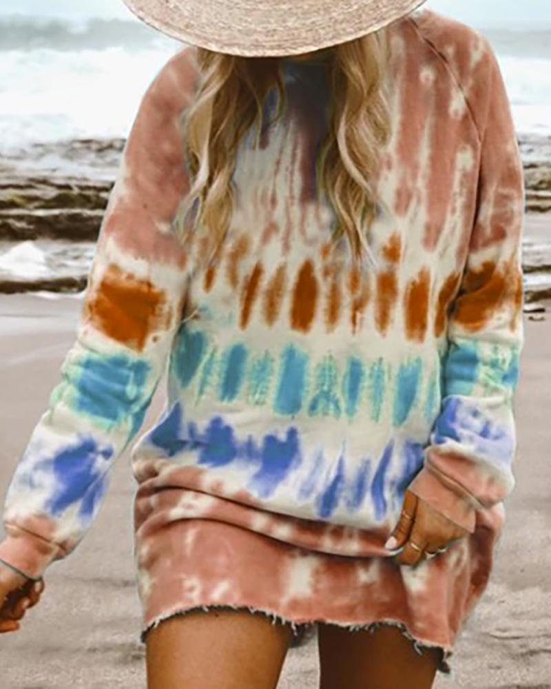 

Tie Dye Print Fringe Hem Casual Dress, Brown