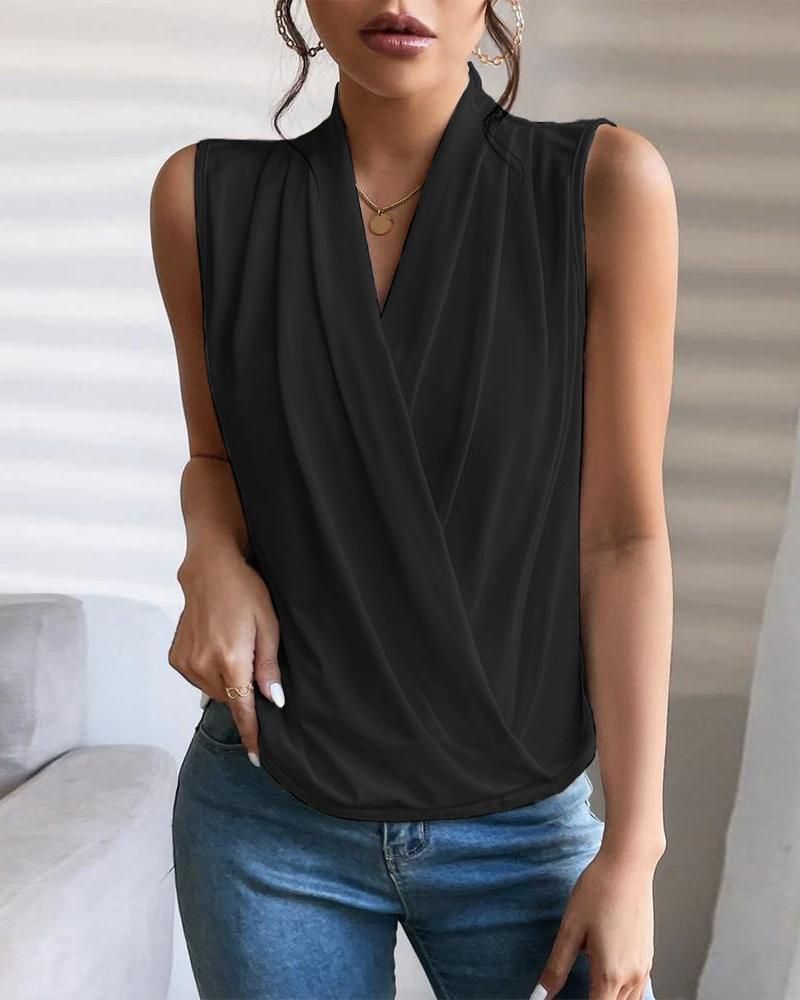 

Ruched V-Neck Sleeveless Wrap Top, Black