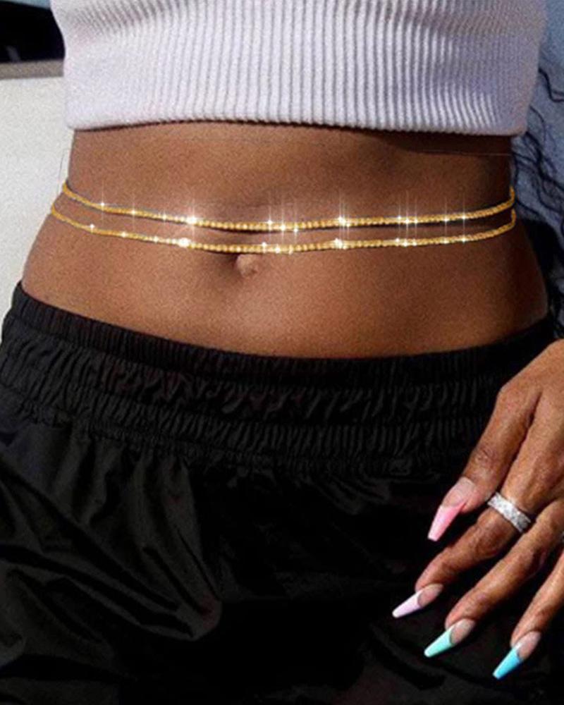 

1pcs Double Layered Rhinestone Waist Chain, Gold