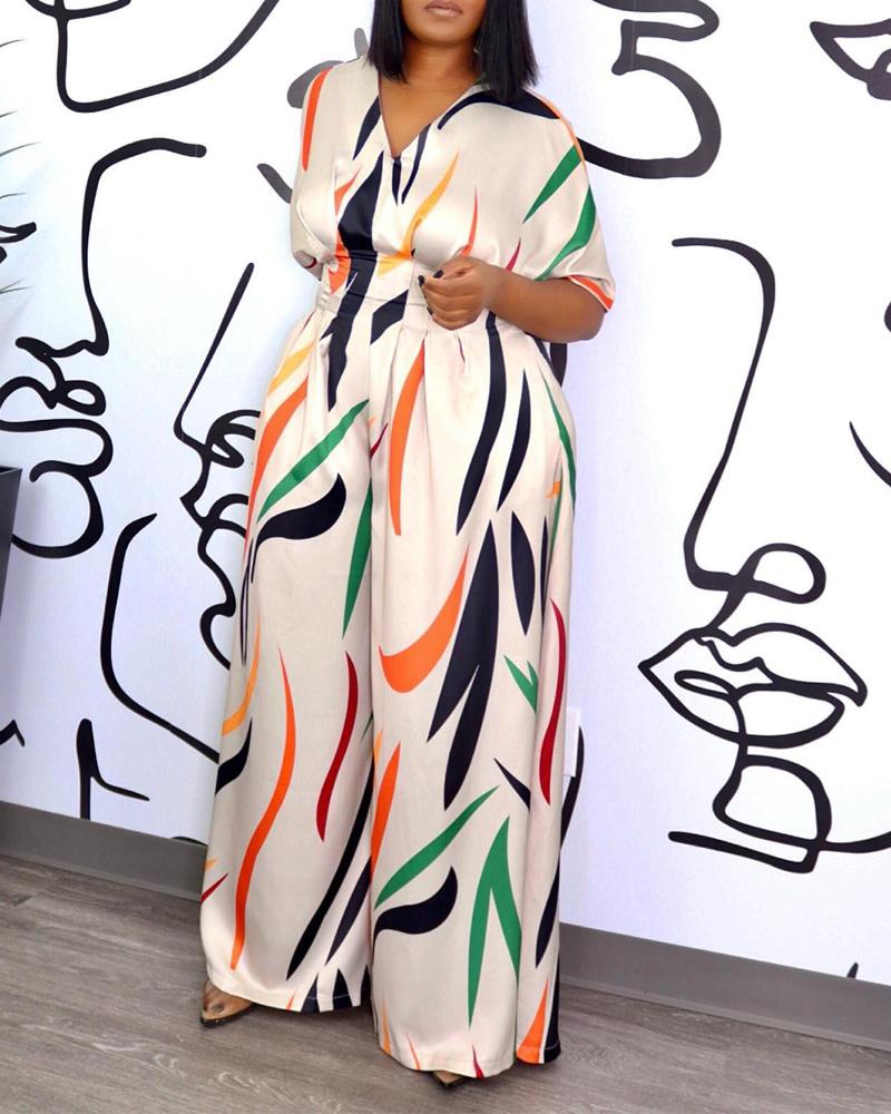

Abstract Print Wide Leg Jumpsuit, Apricot