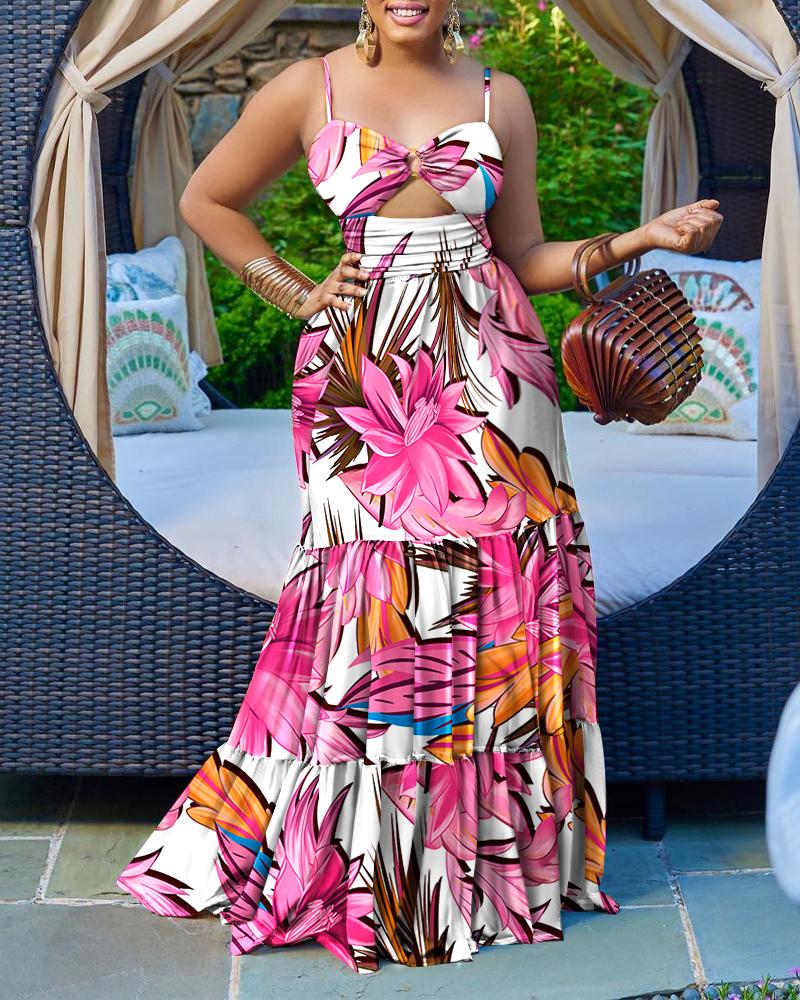 

Plants Print O-Ring Cutout Cami Maxi Dress, Multicolor