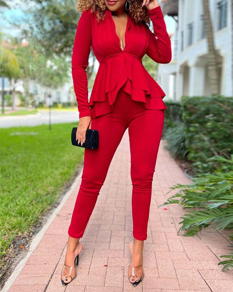 

Long Sleeve Ruffle Hem Top & Pants Set, Red
