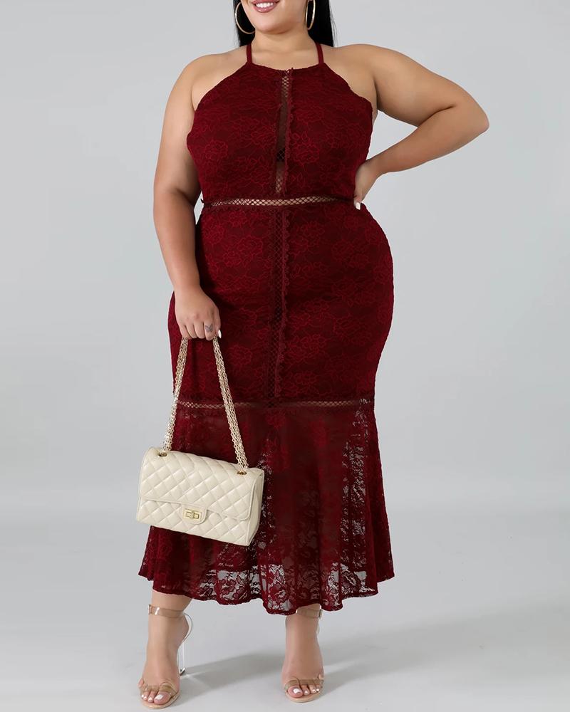 

Plus Size Crisscross Backless Crochet Lace Hollow Out Dress, Wine red