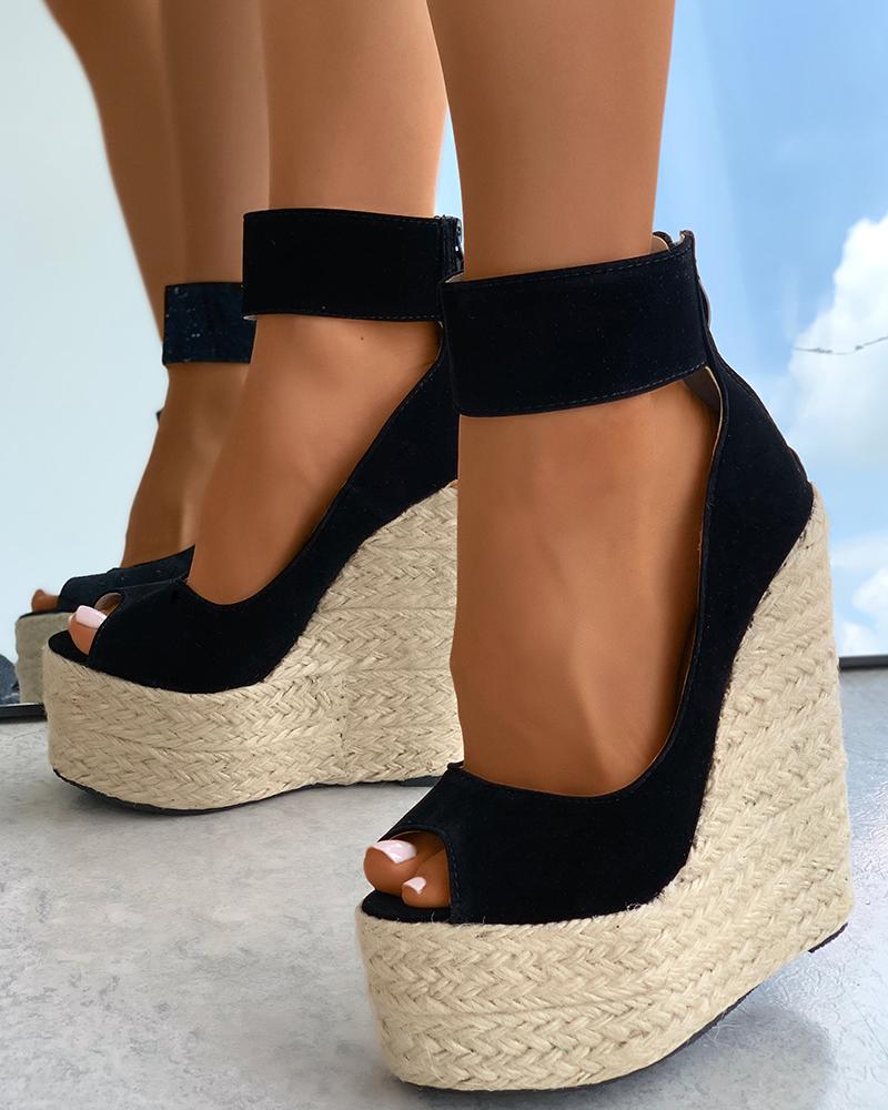 

Velvet Peep Toe Woven Flax Wedge Sandals, Black