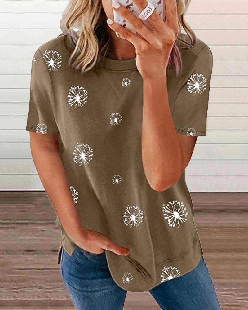 

Dandelion Print Round Neck Short Sleeve T-Shirt, Brown