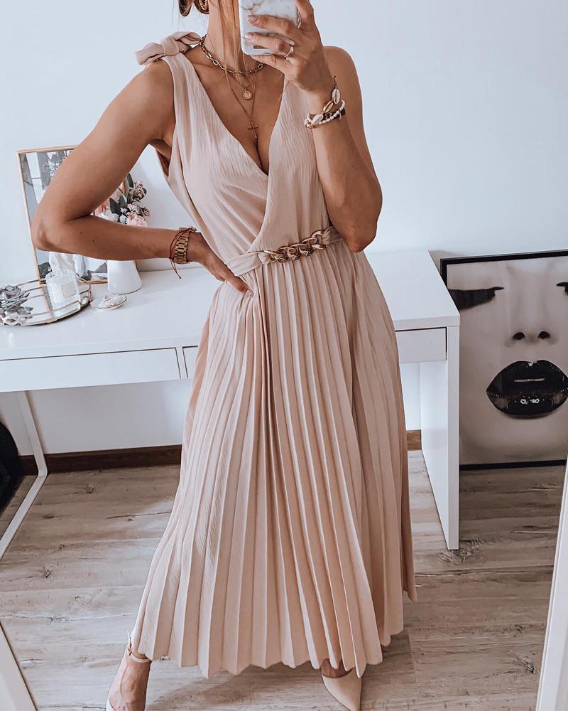 

Tied Detail Backless Belted Pleated Dress, Apricot