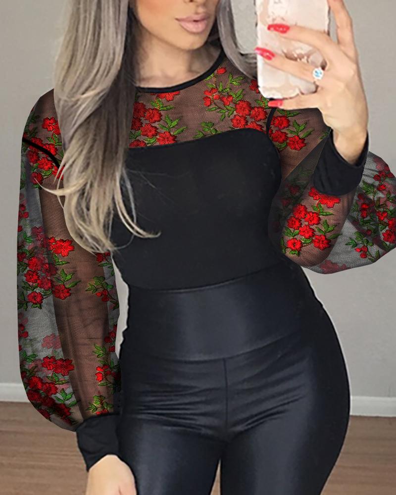 

Floral Embroidery Sheer Mesh Lantern Sleeve Top, Black