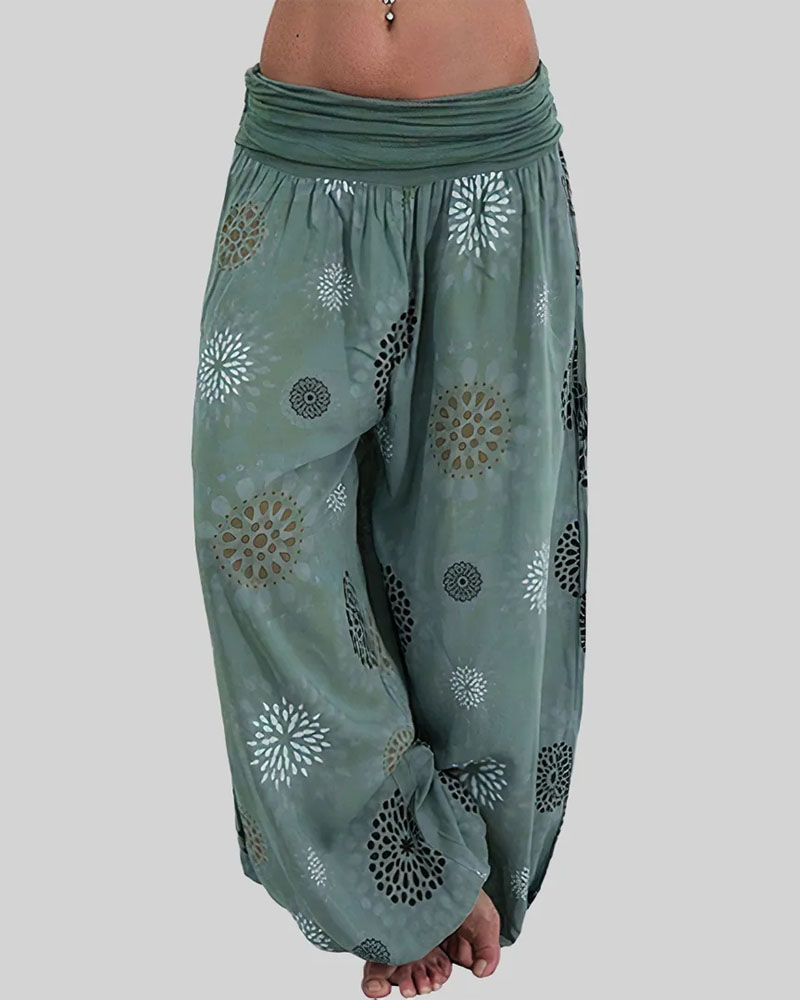 

Allover Print Ruched Low Waist Harem Pants, Green