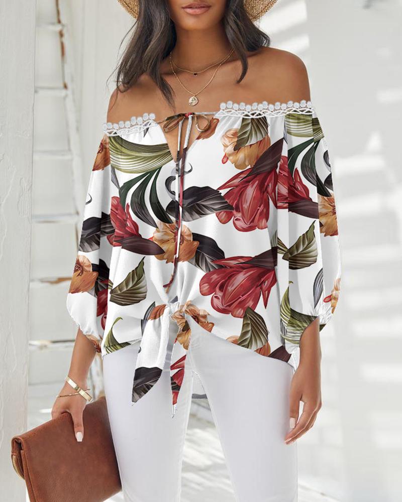 

Contrast Lace Off Shoulder Floral Print Knot Front Tie Neck Top, Multicolor