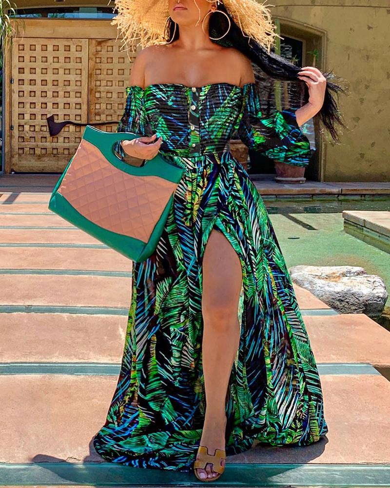

Off Shoulder High Slit Bell Sleeve Palm Leaf Print Dress, Green