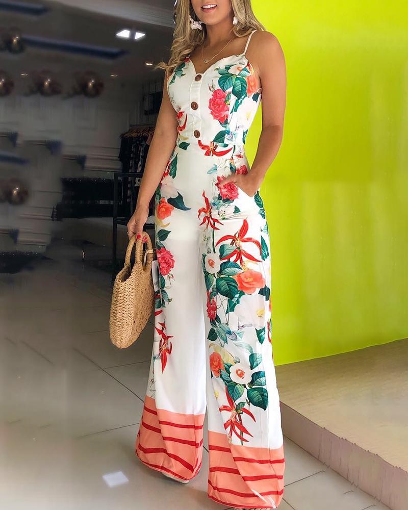 

Spaghetti Strap Floral Print Jumpsuit, White