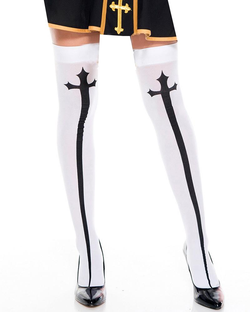 

1Pair Halloween Nun Costume Cross Print Stockings, White