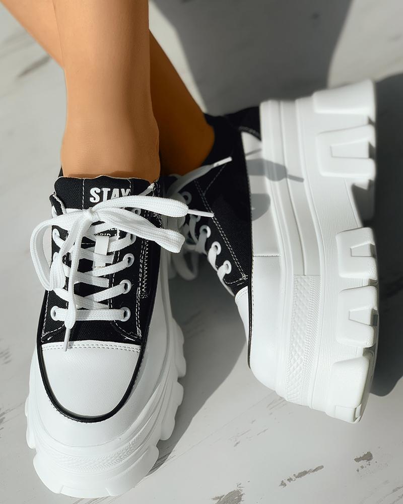 

Eyelet Lace-up Zipper Design Platform Canvas Shoes, Black