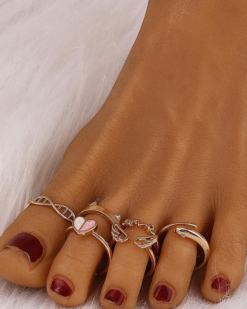 

6PCS/Set Heart Dolphin Angel Wings Cat Ears Hollow Out Opening Toe Rings, Gold