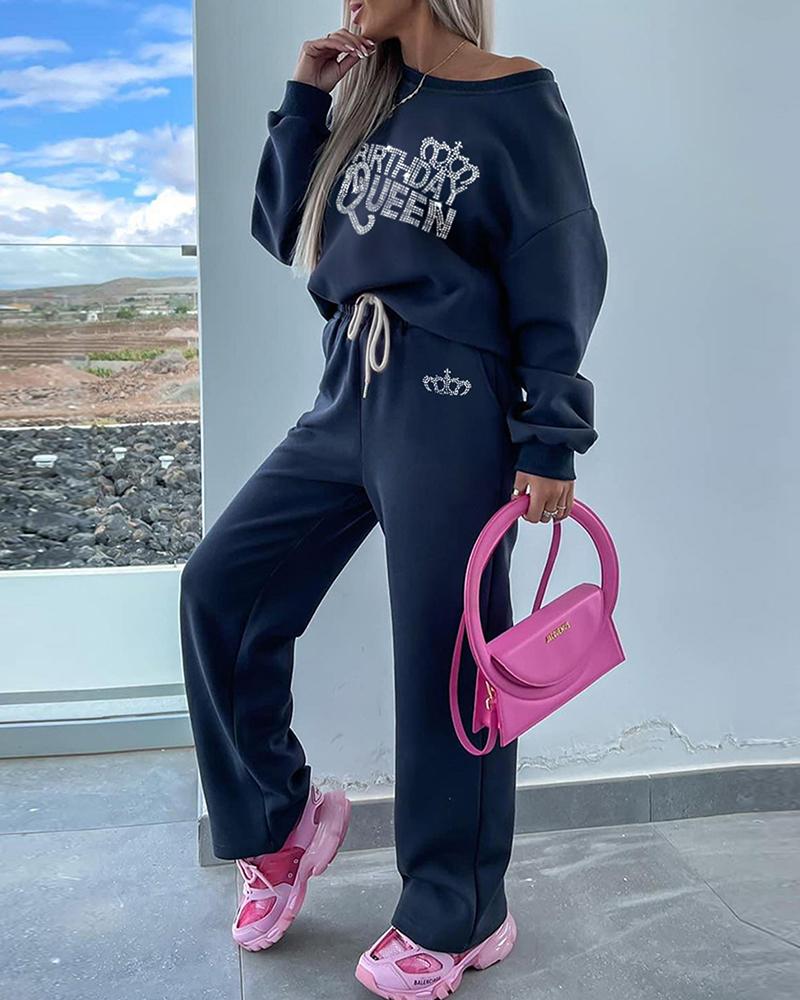 

Rhinestone Birthday Queen Crown Pattern Sweatshirt & Sweatpants Set, Dark blue