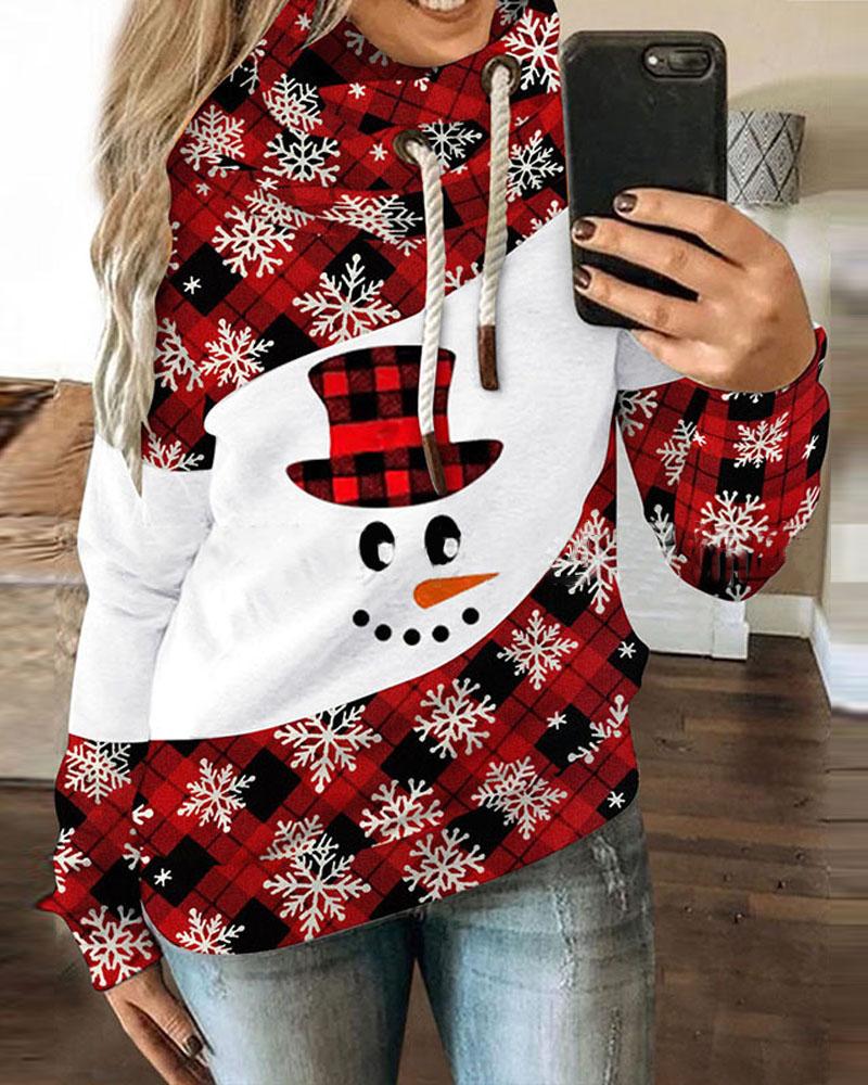 

Christmas Snowflake Plaid Print Long Sleeve Drawstring Hoodie, Red