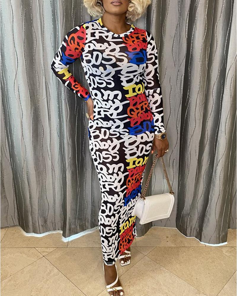 

Cheetah / Letter Print Colorblock Skinny Maxi Dress, White