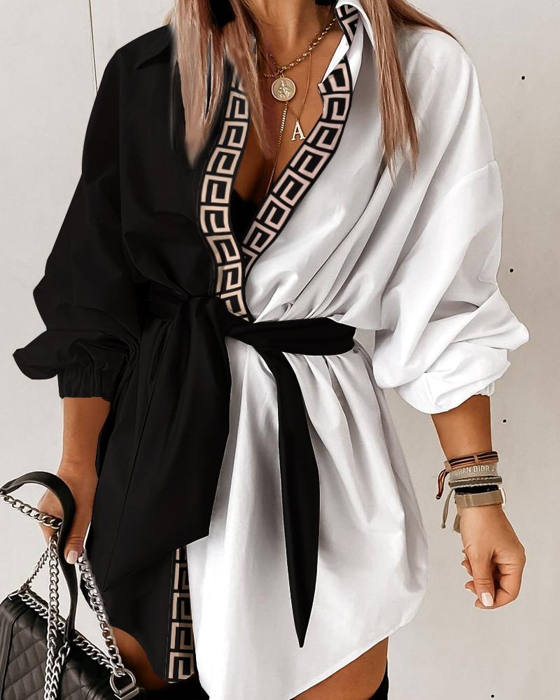 

Colorblock Geometric Print Lantern Sleeve Belted Shirt Dress, Blackwhite