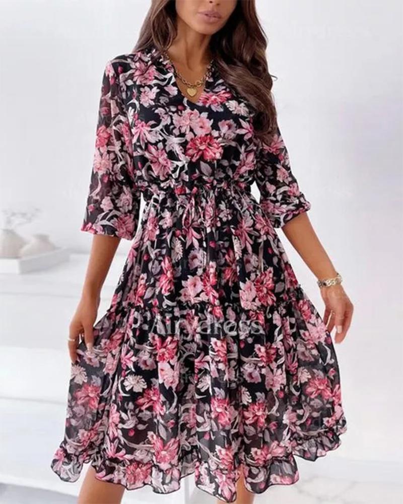 

Floral Print Ruffles Frill Hem Dress, Purple