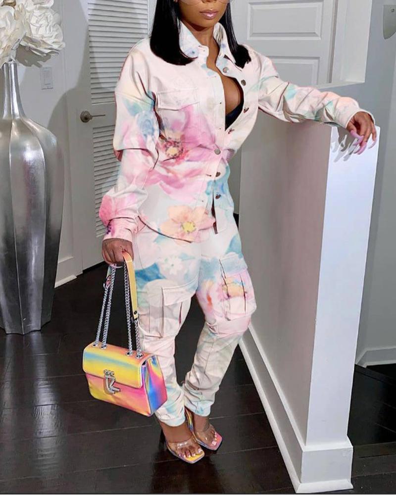 

Tie Dye Flap Detail Drop Shoulder Button Up Top & Pants Set, Light pink