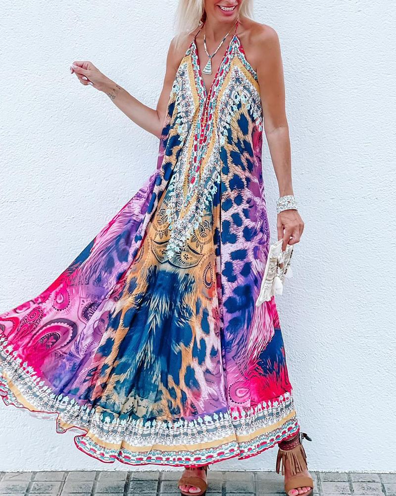 

Paisley Leopard Print Halter Backless Maxi Dress, Multicolor