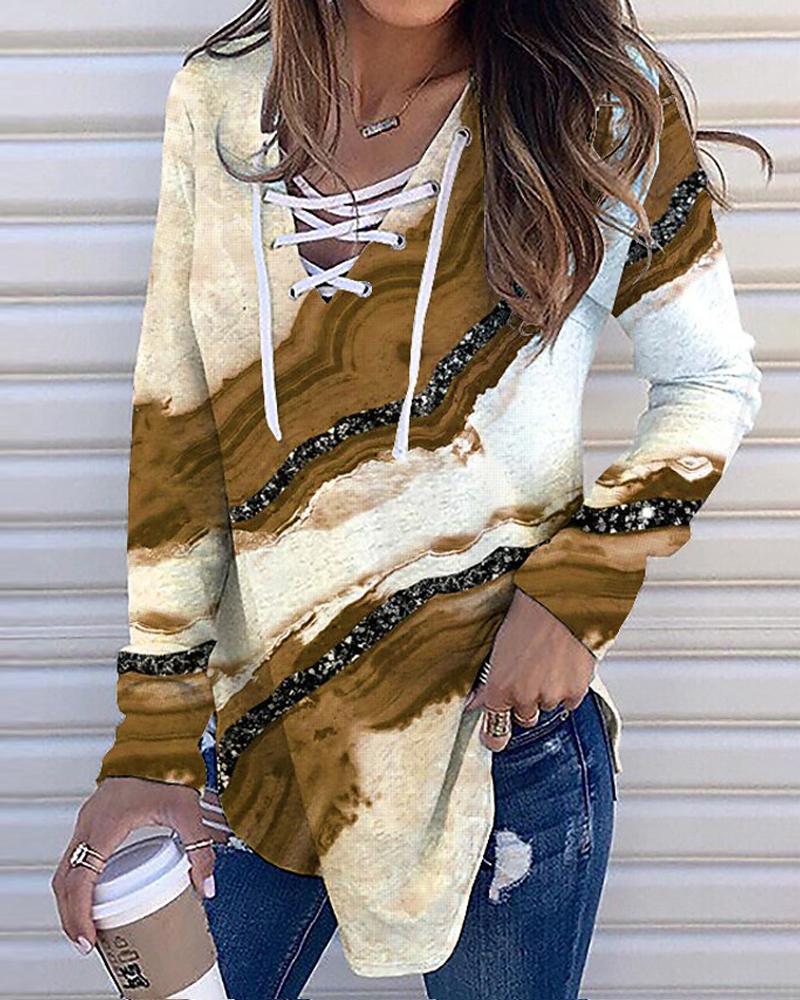 

Marble Print Long Sleeve Top, Khaki