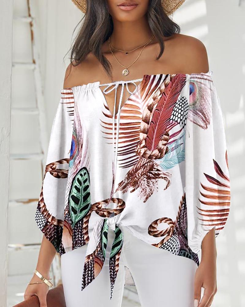 

Off Shoulder Graphic Print Tie Front Top, White