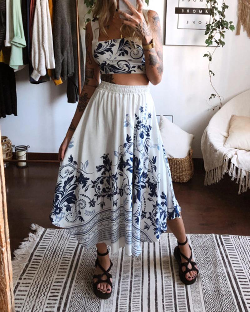 

Boho Style Floral Print Sling Cropped Top With High Waist Skirt Skirt Sets, Style2