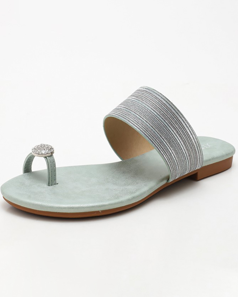

Rhinestone Toe Ring One Strap Beach Flip Flops, Green