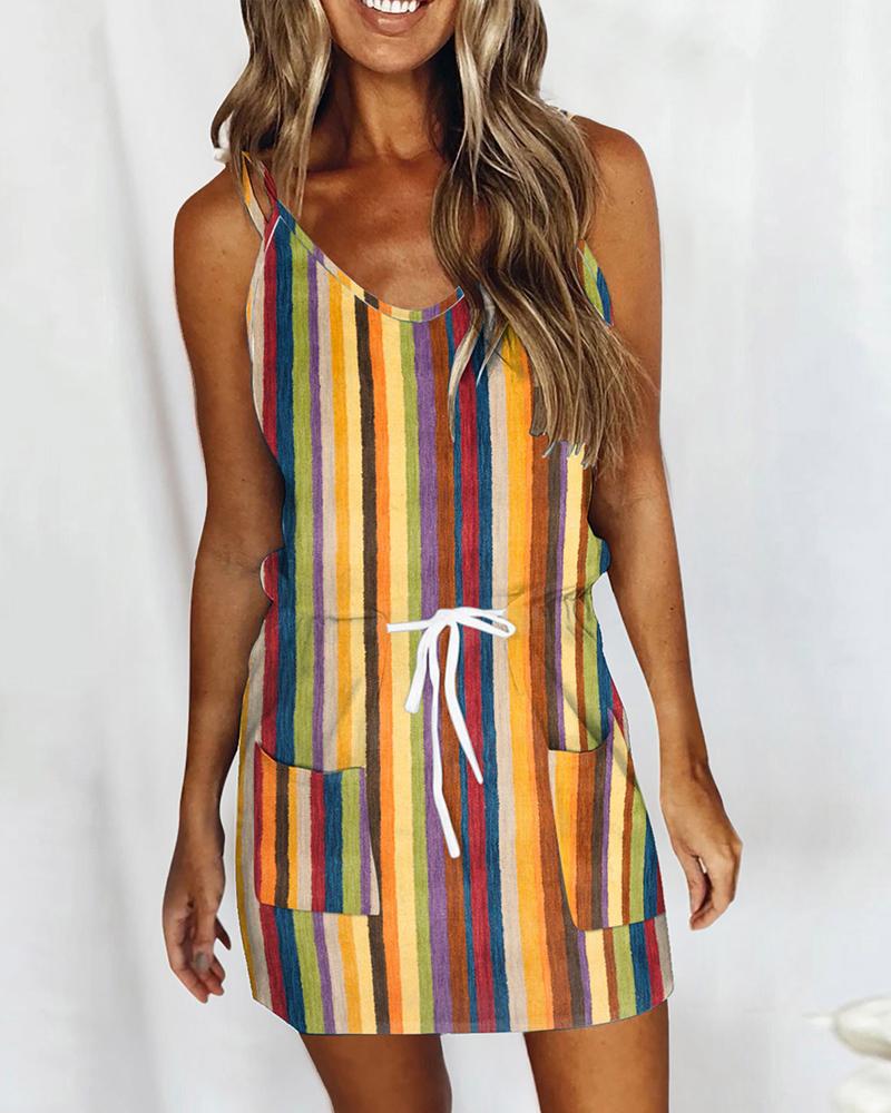

Pocket Decor Striped Print Drawstring Cami Dress, Style2
