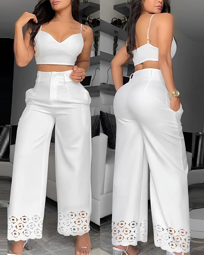 

Cami Crop Top & Hollow Out Wide Leg Pants Set, White