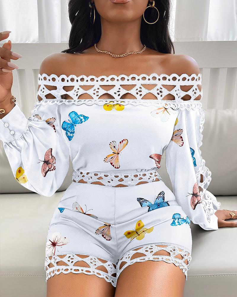 

Butterfly Off Shoulder Patchwork Hem Romper, White