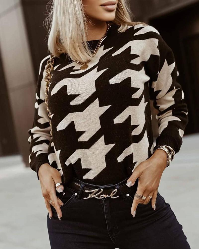 

Houndstooth Print Long Sleeve Sweater, Black